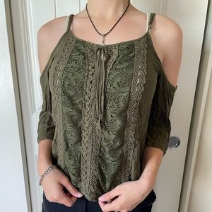 off the shoulder, green lace blouse